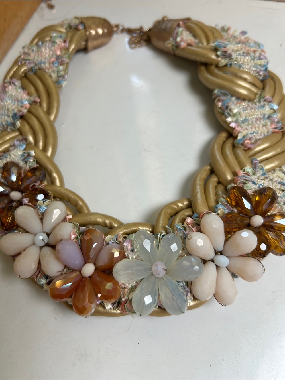 Statement Floral Bib Necklace in Gold with Pastel Gem Flowers